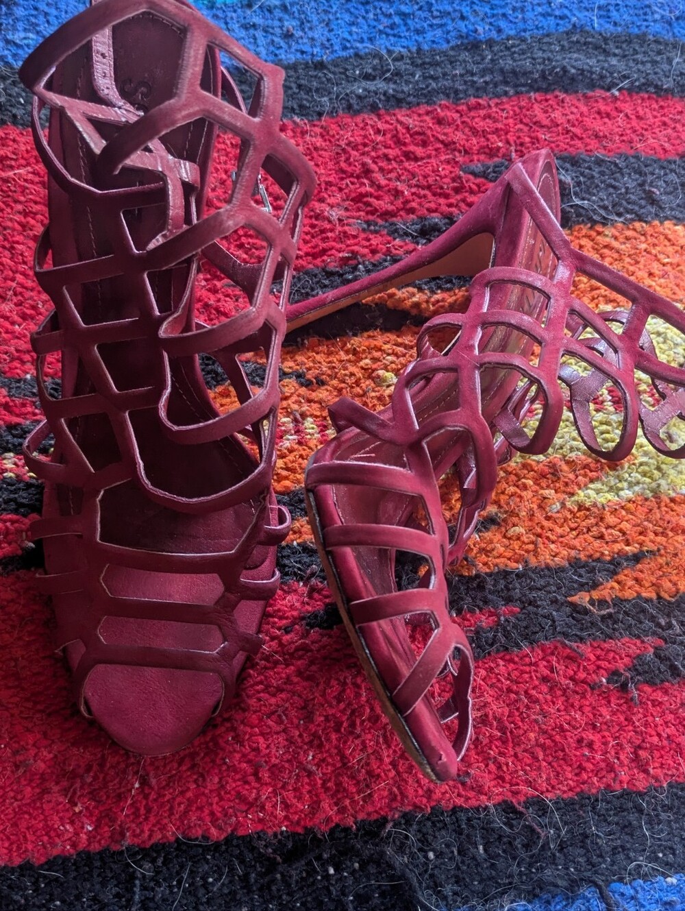 SCHUTZ Burgundy Strappy Cage High-Heel Sandals